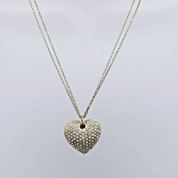 Puffy Pave Heart Necklace Gold Tone Rhinestone Double Chain Feminine Romantic - Picture 3 of 13